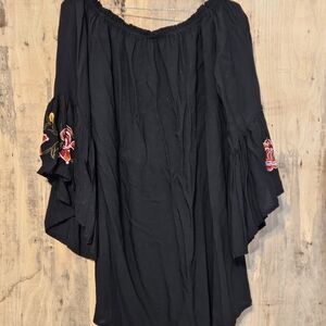 Feathers Black Mini Dress with Red Floral Embroidery